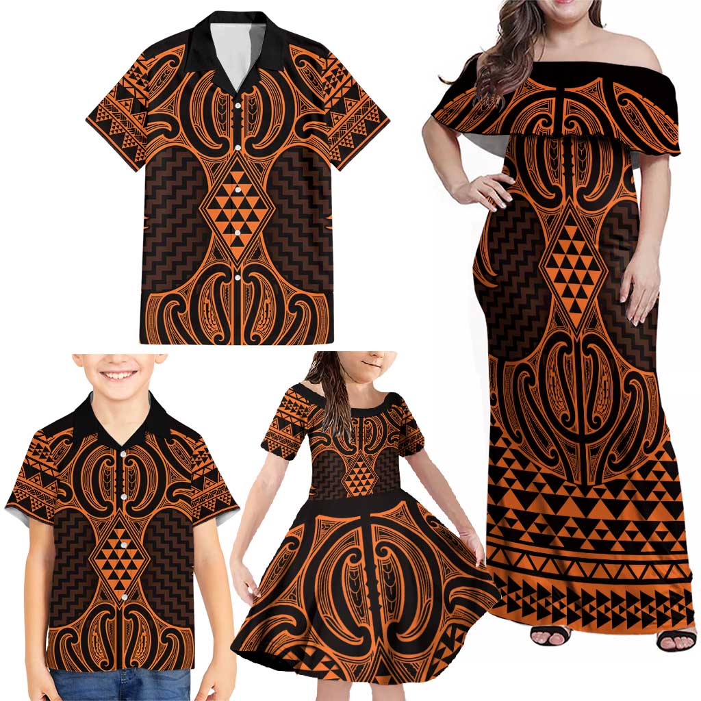 Karaka Maori Ta Moko Poutama Art Family Matching Off Shoulder Maxi Dress and Hawaiian Shirt LT9 - Polynesian Pride