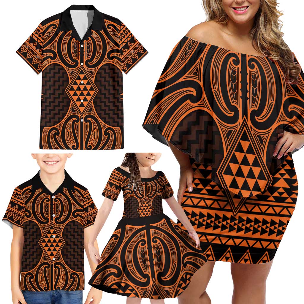 Karaka Maori Ta Moko Poutama Art Family Matching Off Shoulder Short Dress and Hawaiian Shirt LT9 - Polynesian Pride