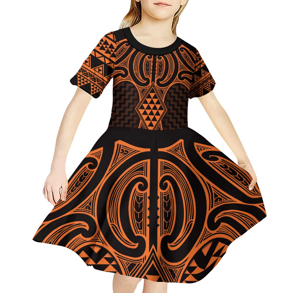 Karaka Maori Ta Moko Poutama Art Kid Short Sleeve Dress LT9 - Polynesian Pride