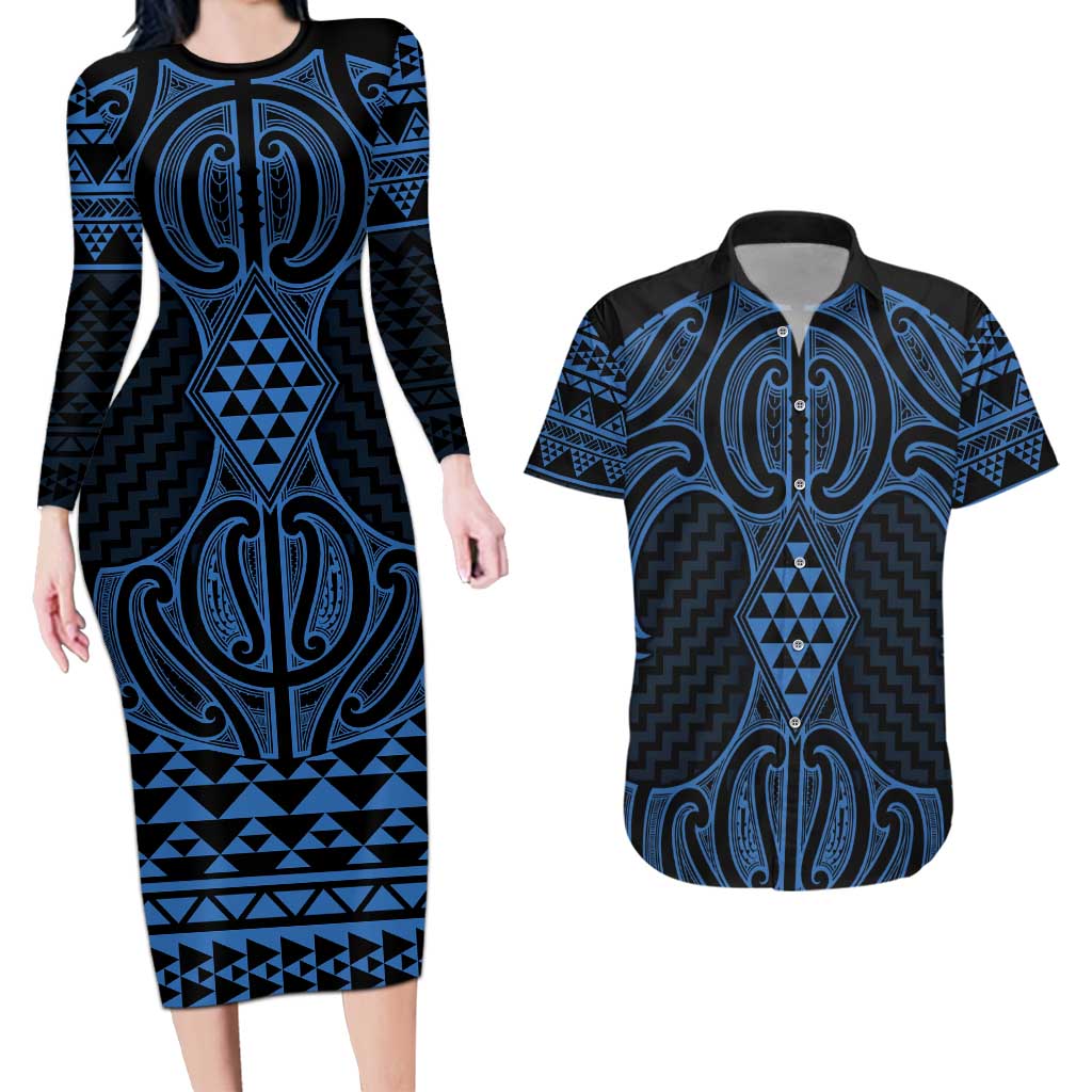 Kikorangi Maori Ta Moko Poutama Art Couples Matching Long Sleeve Bodycon Dress and Hawaiian Shirt