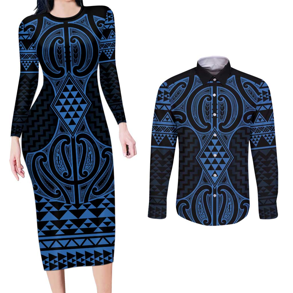 Kikorangi Maori Ta Moko Poutama Art Couples Matching Long Sleeve Bodycon Dress and Long Sleeve Button Shirt