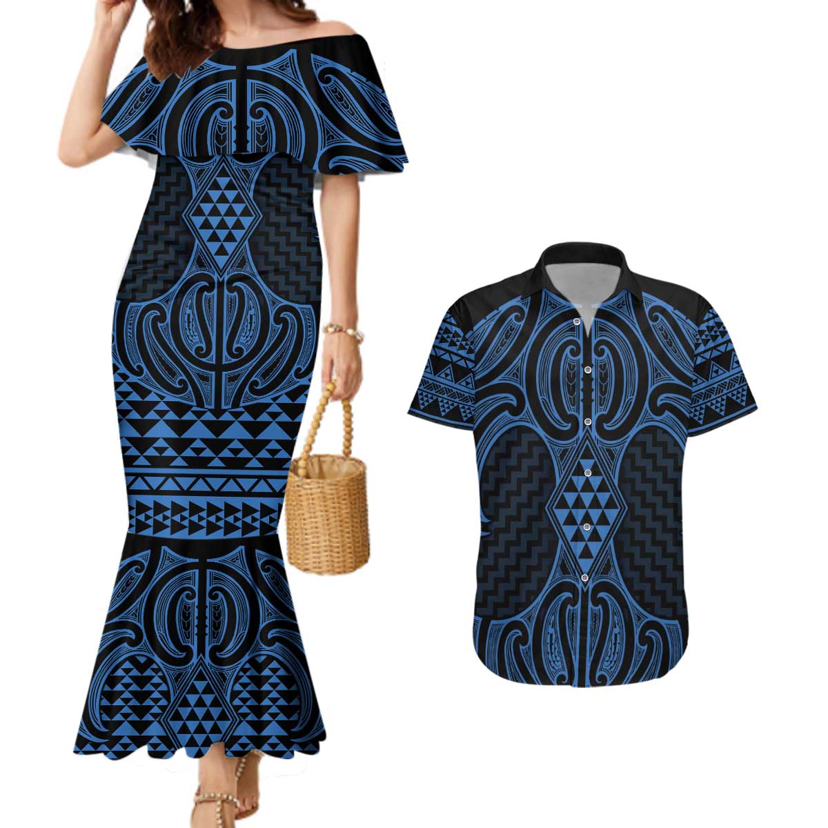 Kikorangi Maori Ta Moko Poutama Art Couples Matching Mermaid Dress and Hawaiian Shirt