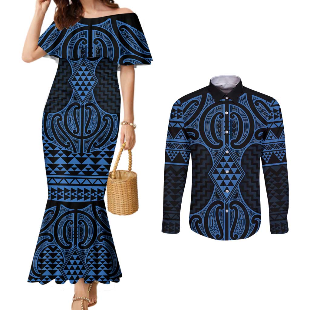 Kikorangi Maori Ta Moko Poutama Art Couples Matching Mermaid Dress and Long Sleeve Button Shirt