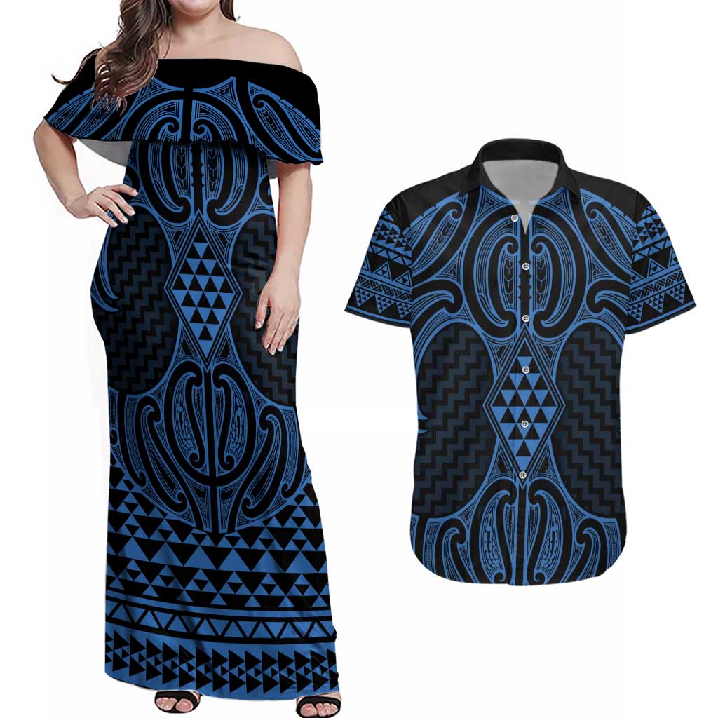 Kikorangi Maori Ta Moko Poutama Art Couples Matching Off Shoulder Maxi Dress and Hawaiian Shirt