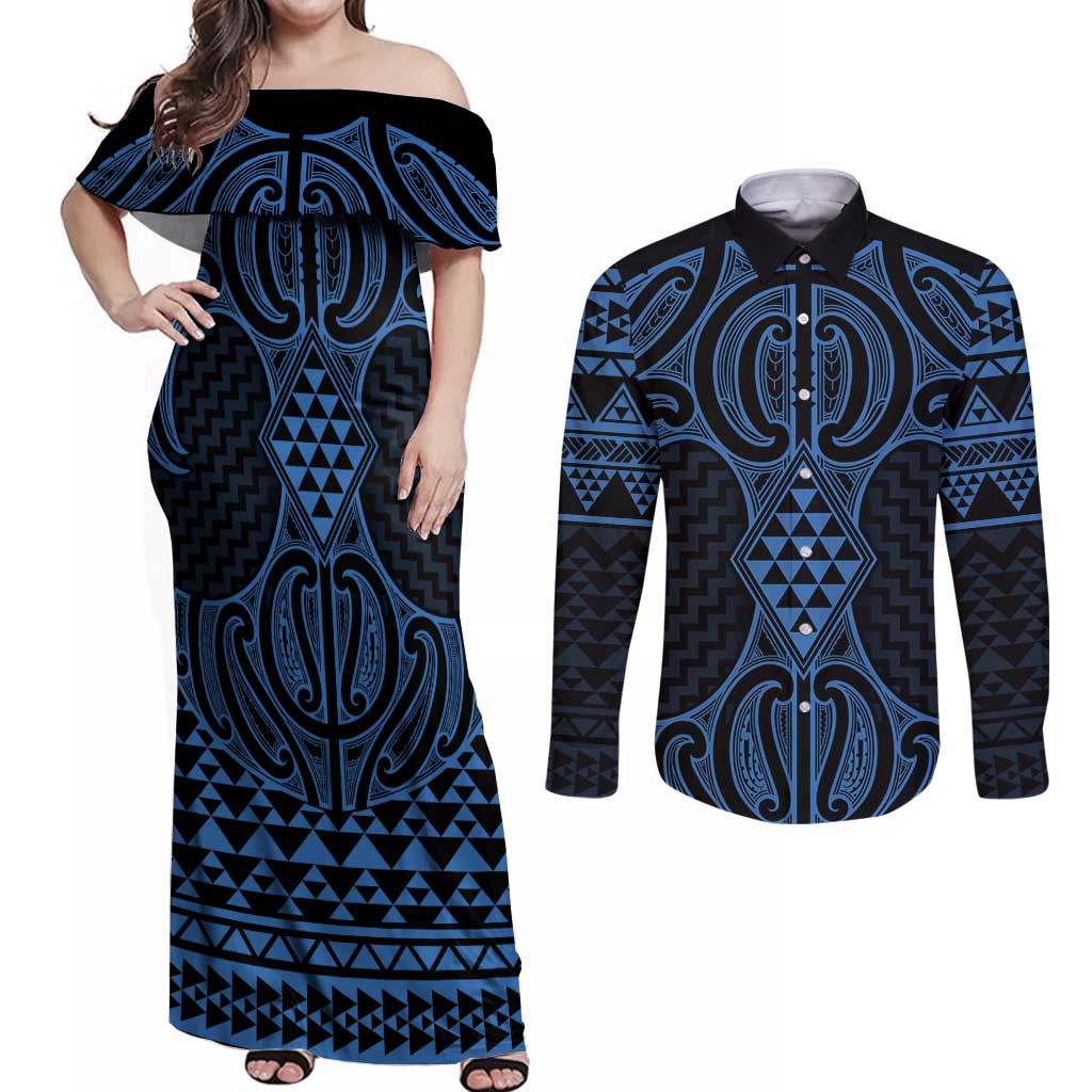 Kikorangi Maori Ta Moko Poutama Art Couples Matching Off Shoulder Maxi Dress and Long Sleeve Button Shirt