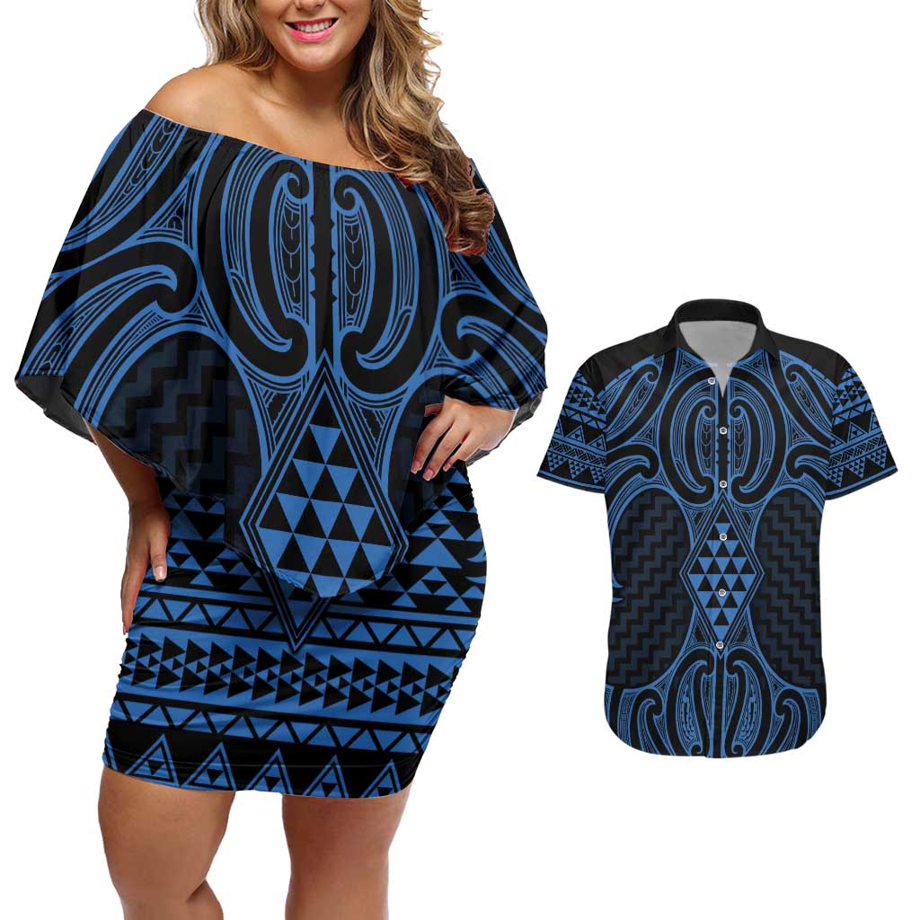 Kikorangi Maori Ta Moko Poutama Art Couples Matching Off Shoulder Short Dress and Hawaiian Shirt