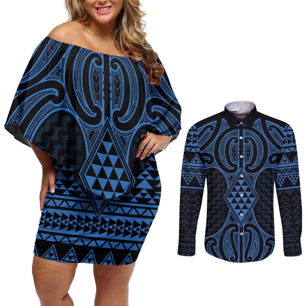 Kikorangi Maori Ta Moko Poutama Art Couples Matching Off Shoulder Short Dress and Long Sleeve Button Shirt