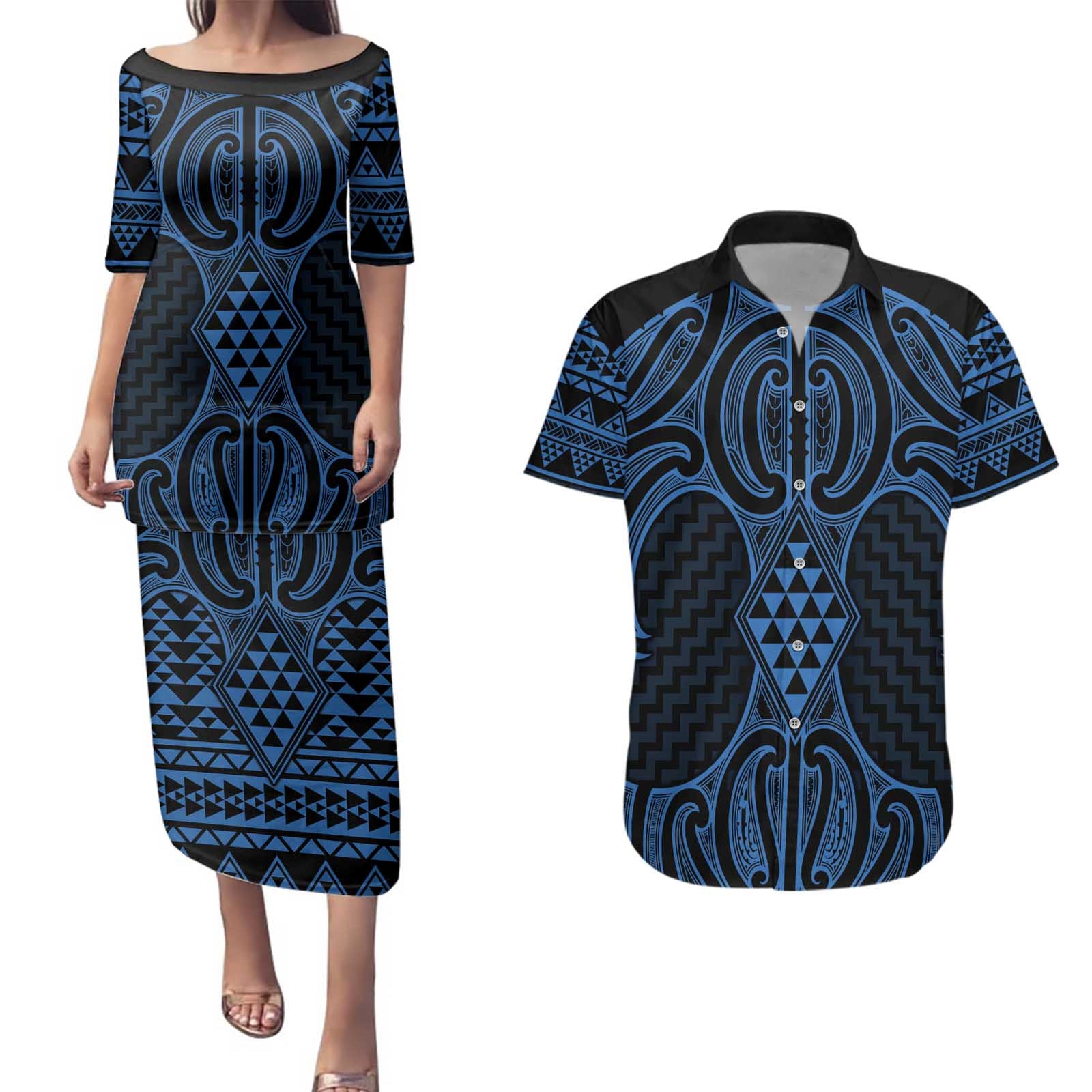 Kikorangi Maori Ta Moko Poutama Art Couples Matching Puletasi and Hawaiian Shirt LT9 Blue - Polynesian Pride