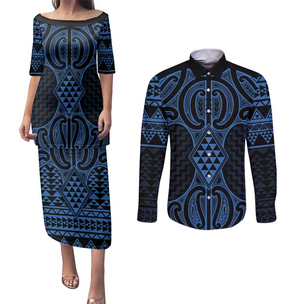 Kikorangi Maori Ta Moko Poutama Art Couples Matching Puletasi and Long Sleeve Button Shirt