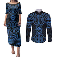 Kikorangi Maori Ta Moko Poutama Art Couples Matching Puletasi and Long Sleeve Button Shirt LT9 Blue - Polynesian Pride