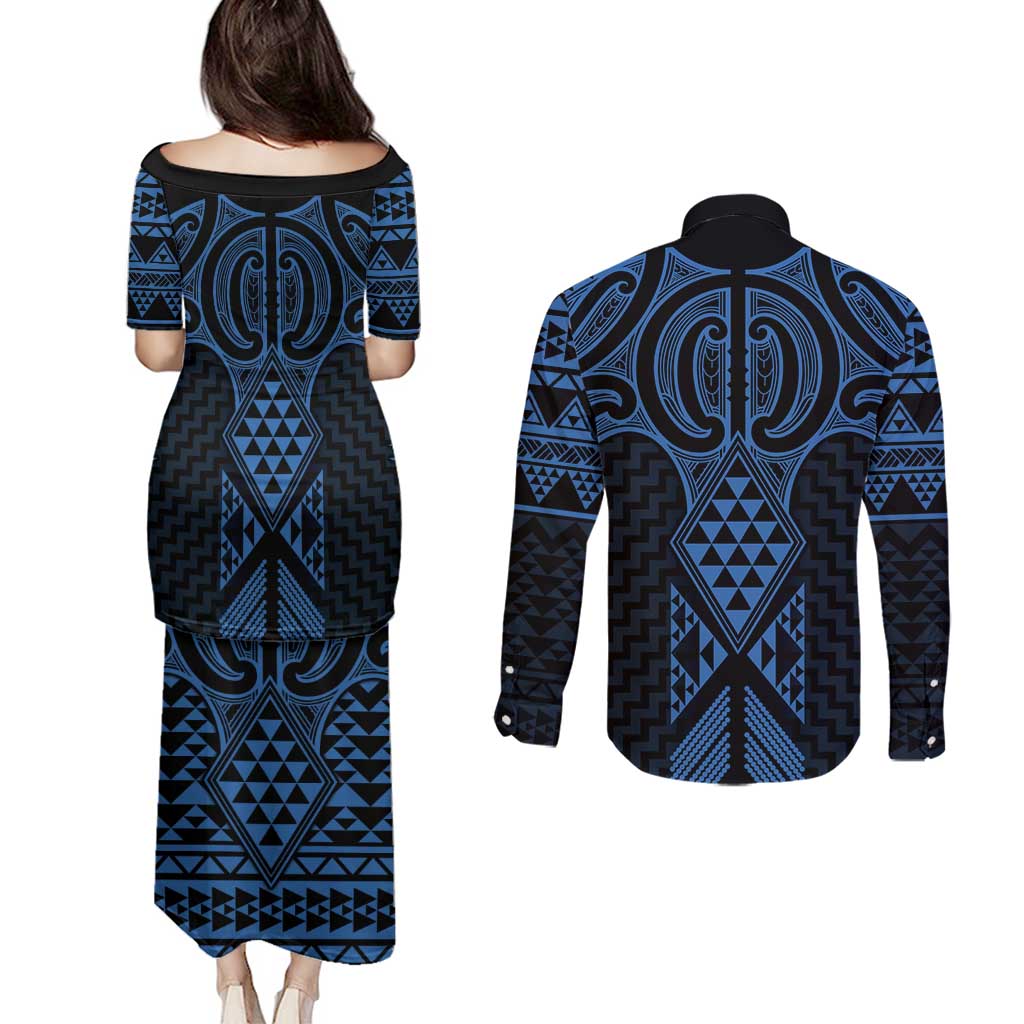 Kikorangi Maori Ta Moko Poutama Art Couples Matching Puletasi and Long Sleeve Button Shirt LT9 - Polynesian Pride