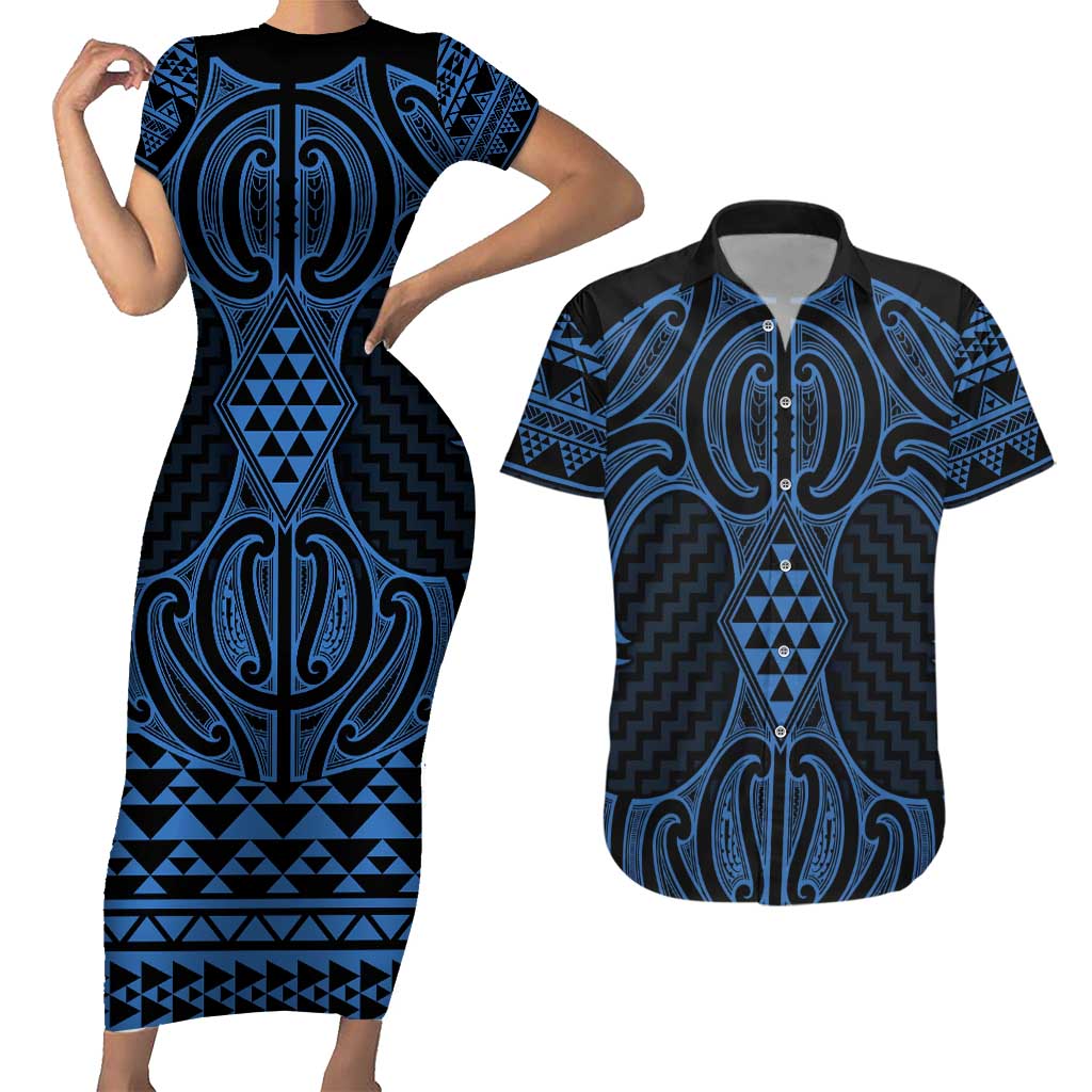 Kikorangi Maori Ta Moko Poutama Art Couples Matching Short Sleeve Bodycon Dress and Hawaiian Shirt