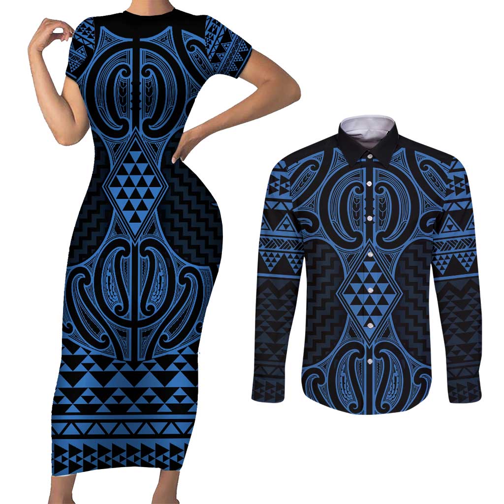 Kikorangi Maori Ta Moko Poutama Art Couples Matching Short Sleeve Bodycon Dress and Long Sleeve Button Shirt