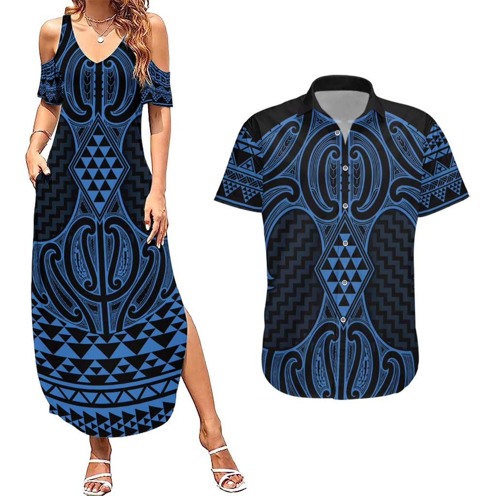 Kikorangi Maori Ta Moko Poutama Art Couples Matching Summer Maxi Dress and Hawaiian Shirt
