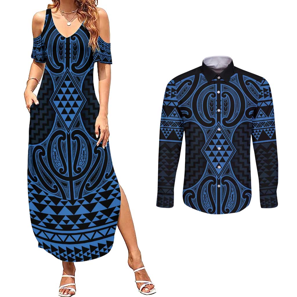 Kikorangi Maori Ta Moko Poutama Art Couples Matching Summer Maxi Dress and Long Sleeve Button Shirt