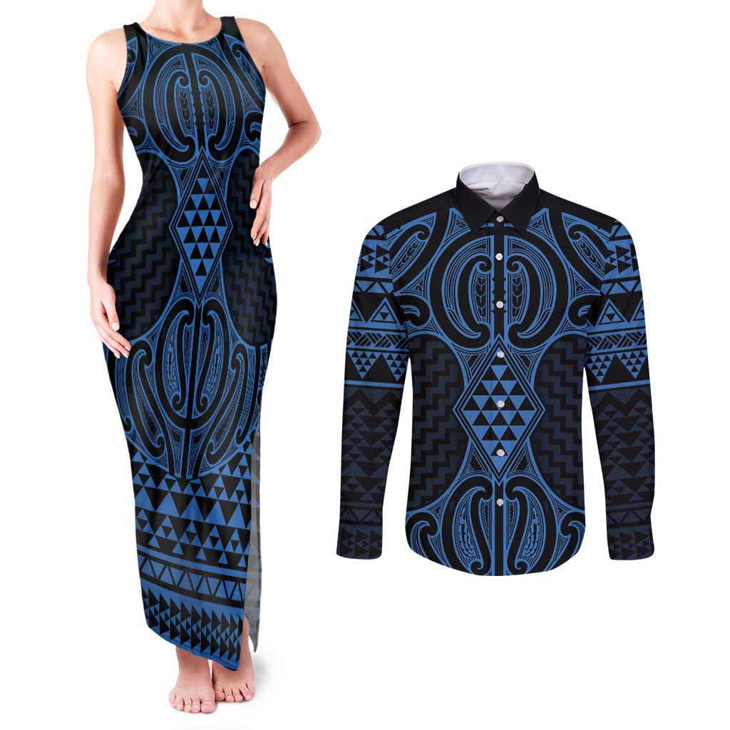 Kikorangi Maori Ta Moko Poutama Art Couples Matching Tank Maxi Dress and Long Sleeve Button Shirt