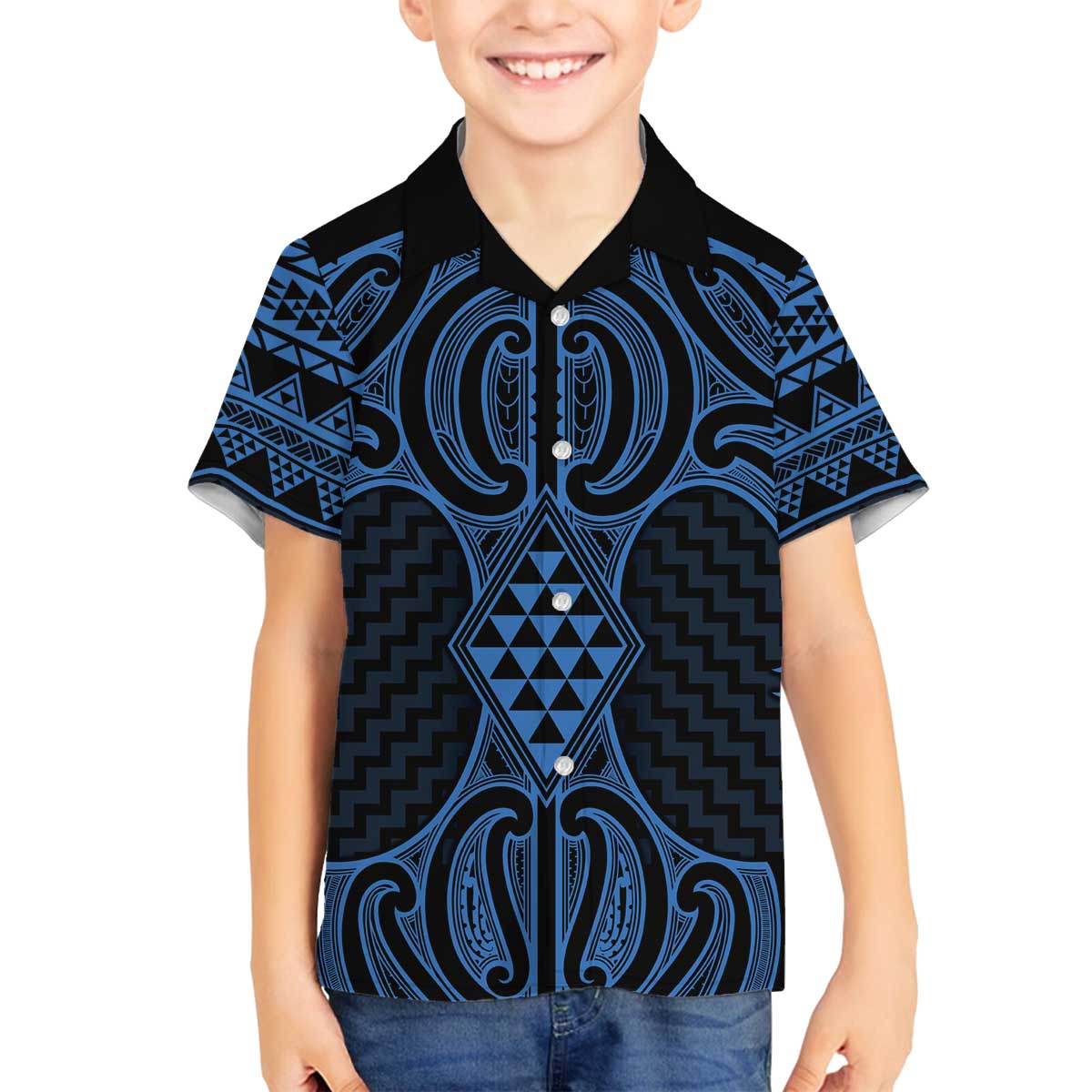 Kikorangi Maori Ta Moko Poutama Art Family Matching Off The Shoulder Long Sleeve Dress and Hawaiian Shirt