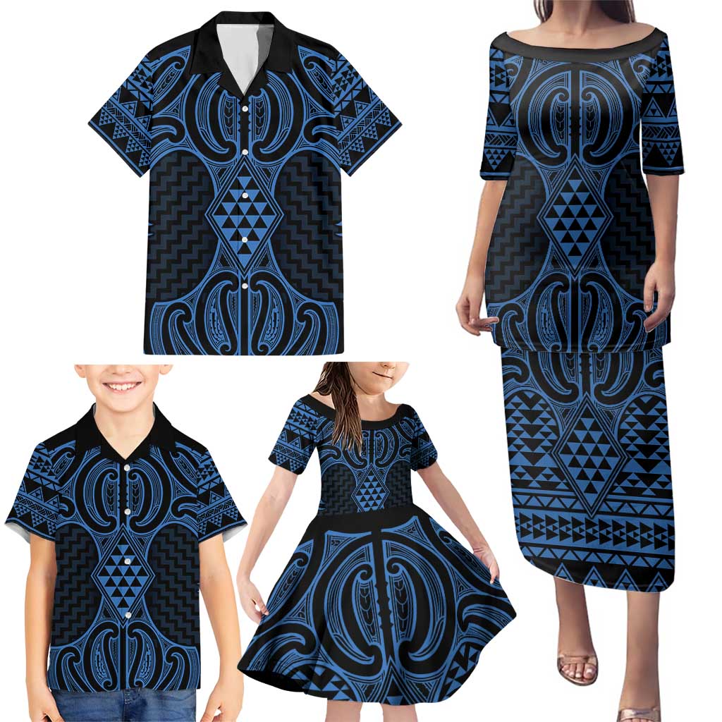Kikorangi Maori Ta Moko Poutama Art Family Matching Puletasi and Hawaiian Shirt