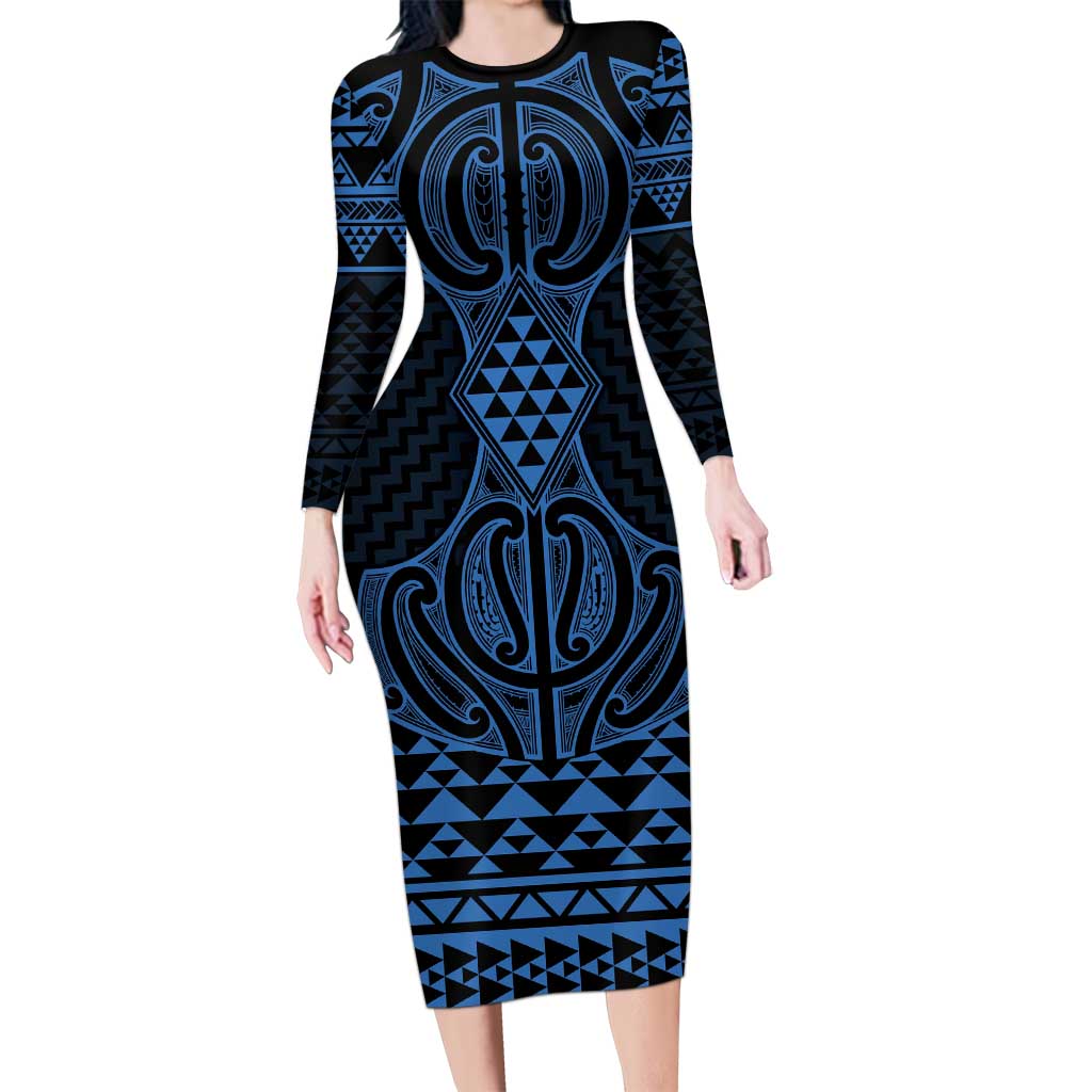 Kikorangi Maori Ta Moko Poutama Art Long Sleeve Bodycon Dress