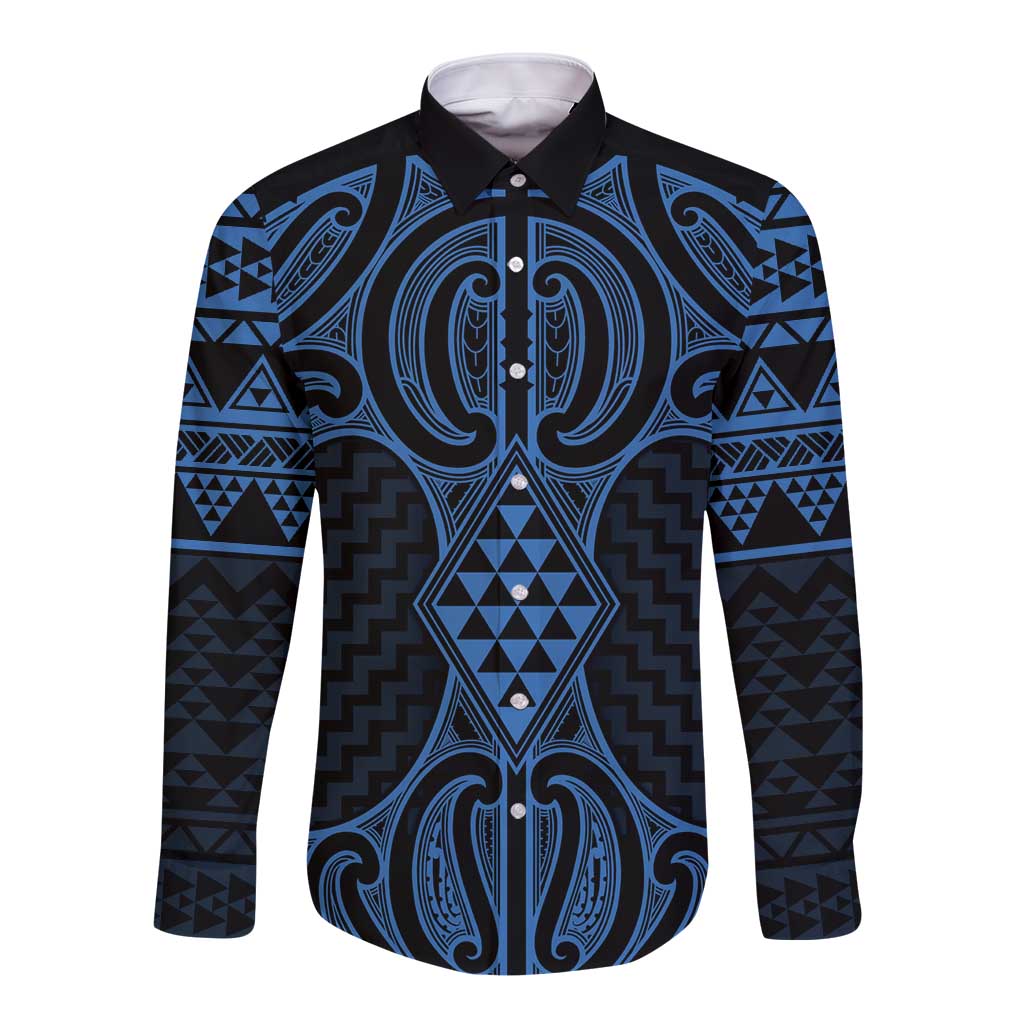 Kikorangi Maori Ta Moko Poutama Art Long Sleeve Button Shirt LT9 Unisex Blue - Polynesian Pride