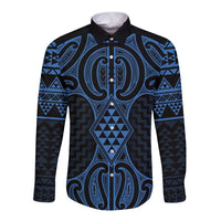 Kikorangi Maori Ta Moko Poutama Art Long Sleeve Button Shirt LT9 Unisex Blue - Polynesian Pride