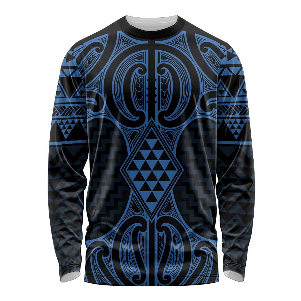Kikorangi Maori Ta Moko Poutama Art Long Sleeve Shirt LT9 Unisex Blue - Polynesian Pride