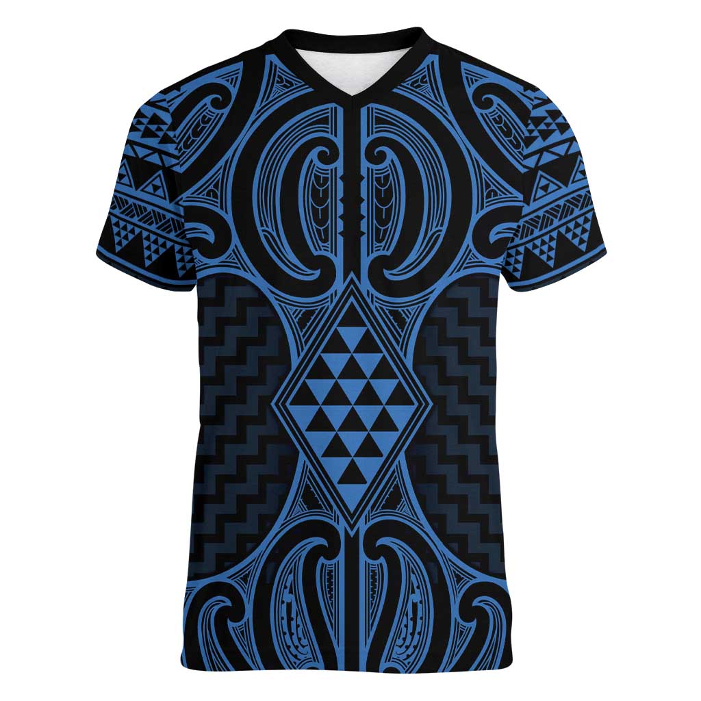 Kikorangi Maori Ta Moko Poutama Art Women V-Neck T-Shirt