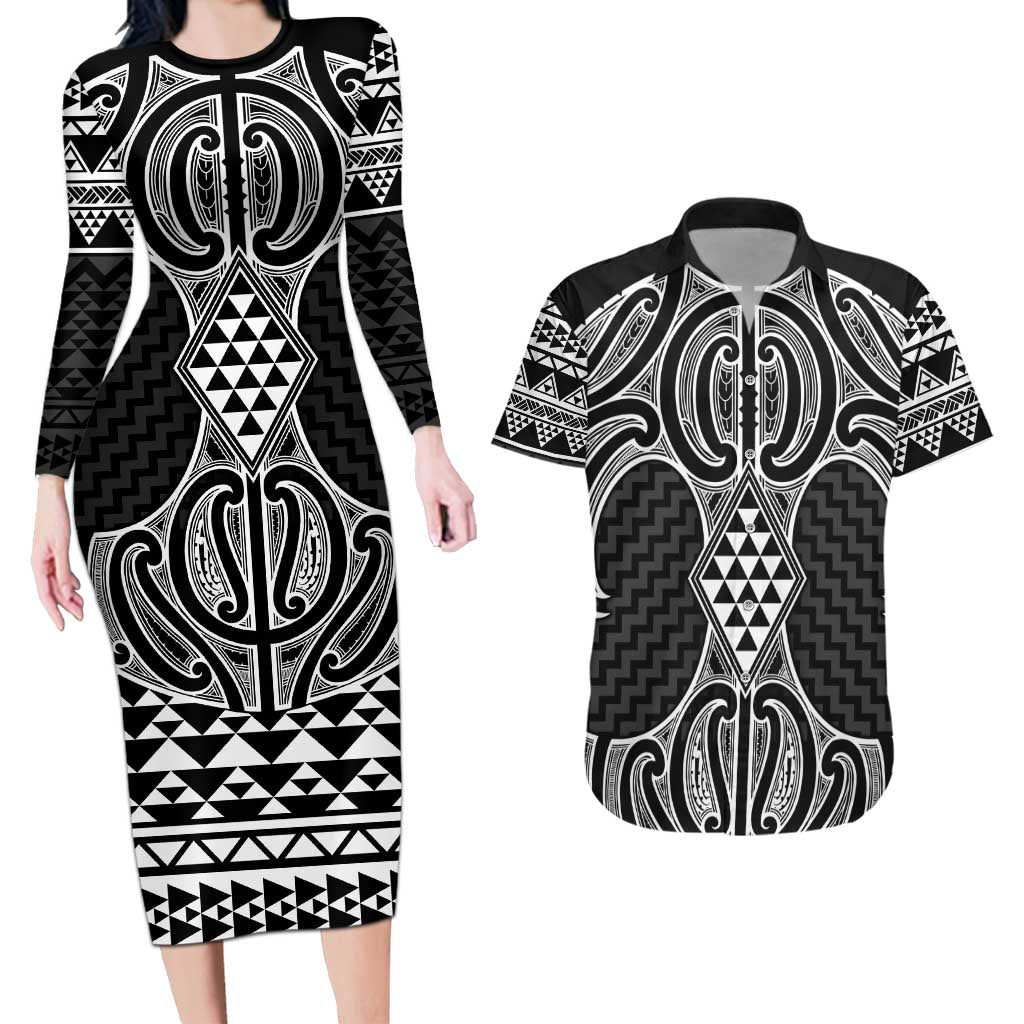 Ma Maori Ta Moko Poutama Art Couples Matching Long Sleeve Bodycon Dress and Hawaiian Shirt