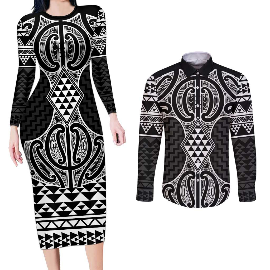 Ma Maori Ta Moko Poutama Art Couples Matching Long Sleeve Bodycon Dress and Long Sleeve Button Shirt
