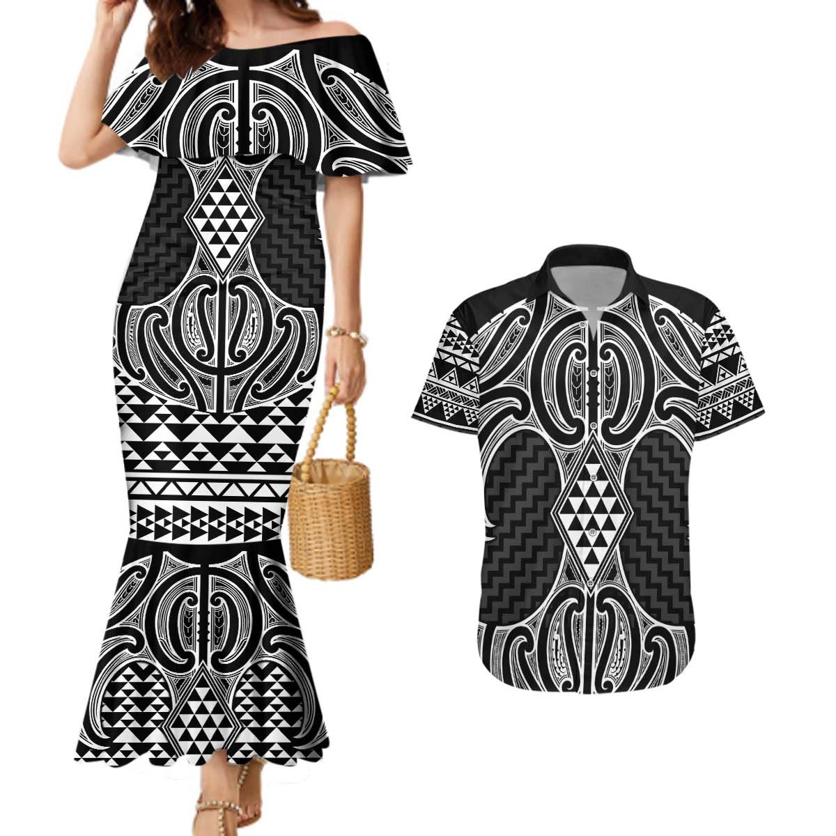 Ma Maori Ta Moko Poutama Art Couples Matching Mermaid Dress and Hawaiian Shirt