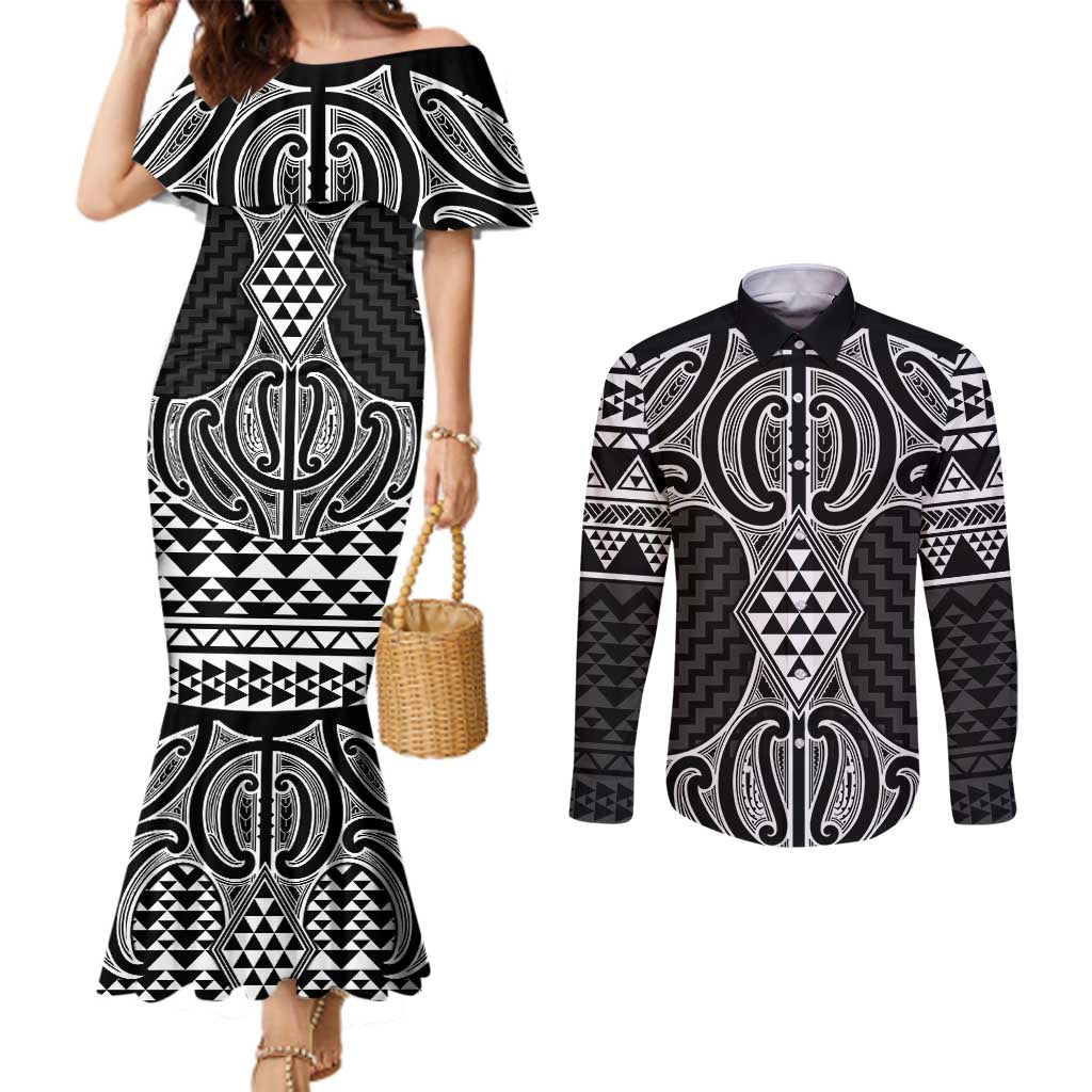 Ma Maori Ta Moko Poutama Art Couples Matching Mermaid Dress and Long Sleeve Button Shirt