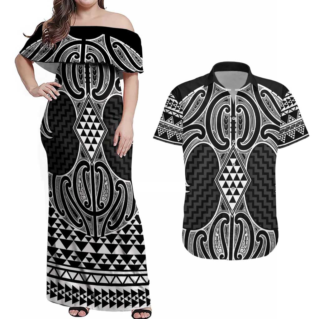 Ma Maori Ta Moko Poutama Art Couples Matching Off Shoulder Maxi Dress and Hawaiian Shirt