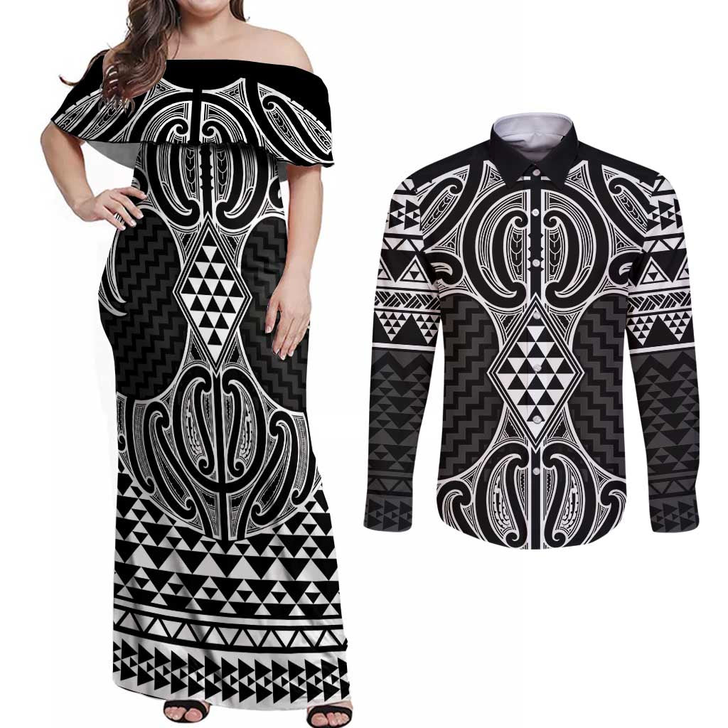Ma Maori Ta Moko Poutama Art Couples Matching Off Shoulder Maxi Dress and Long Sleeve Button Shirt LT9 White - Polynesian Pride
