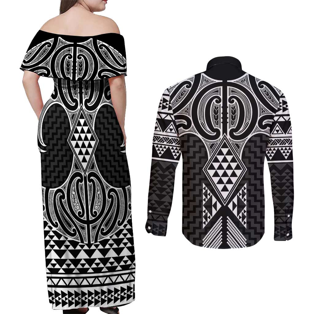 Ma Maori Ta Moko Poutama Art Couples Matching Off Shoulder Maxi Dress and Long Sleeve Button Shirt LT9 - Polynesian Pride