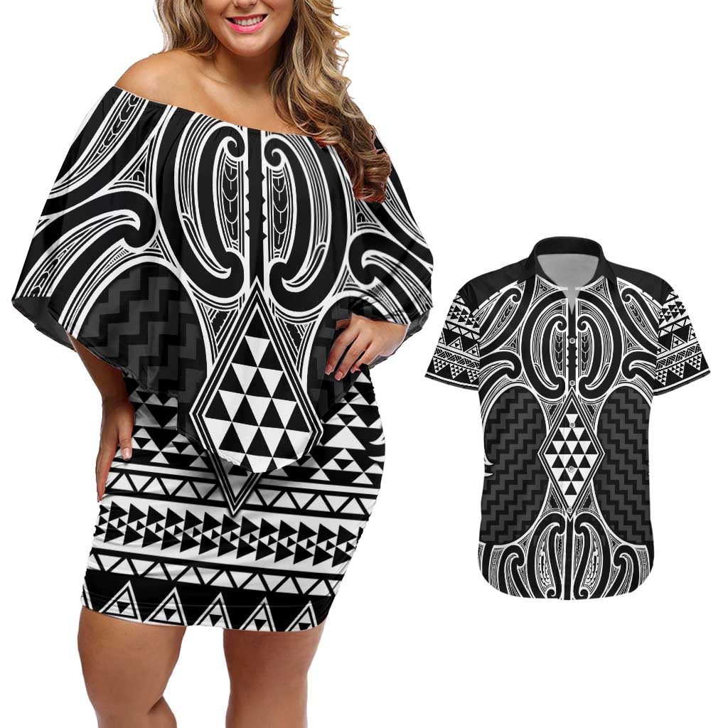 Ma Maori Ta Moko Poutama Art Couples Matching Off Shoulder Short Dress and Hawaiian Shirt