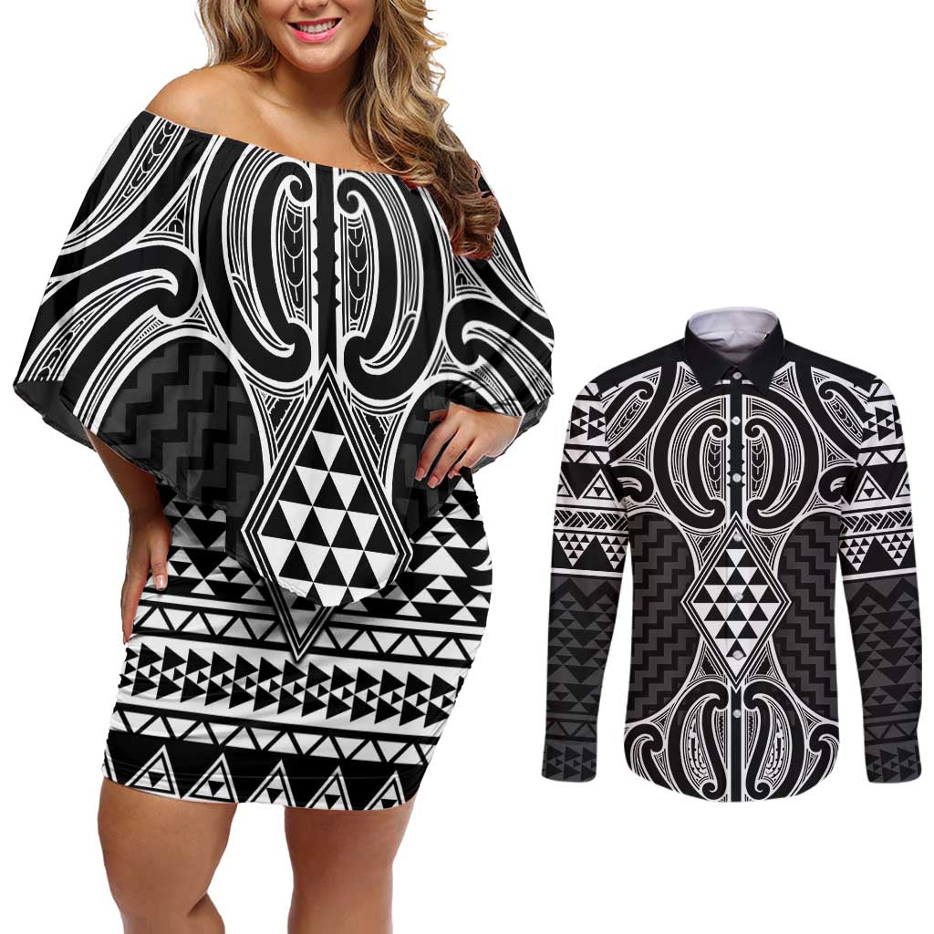 Ma Maori Ta Moko Poutama Art Couples Matching Off Shoulder Short Dress and Long Sleeve Button Shirt