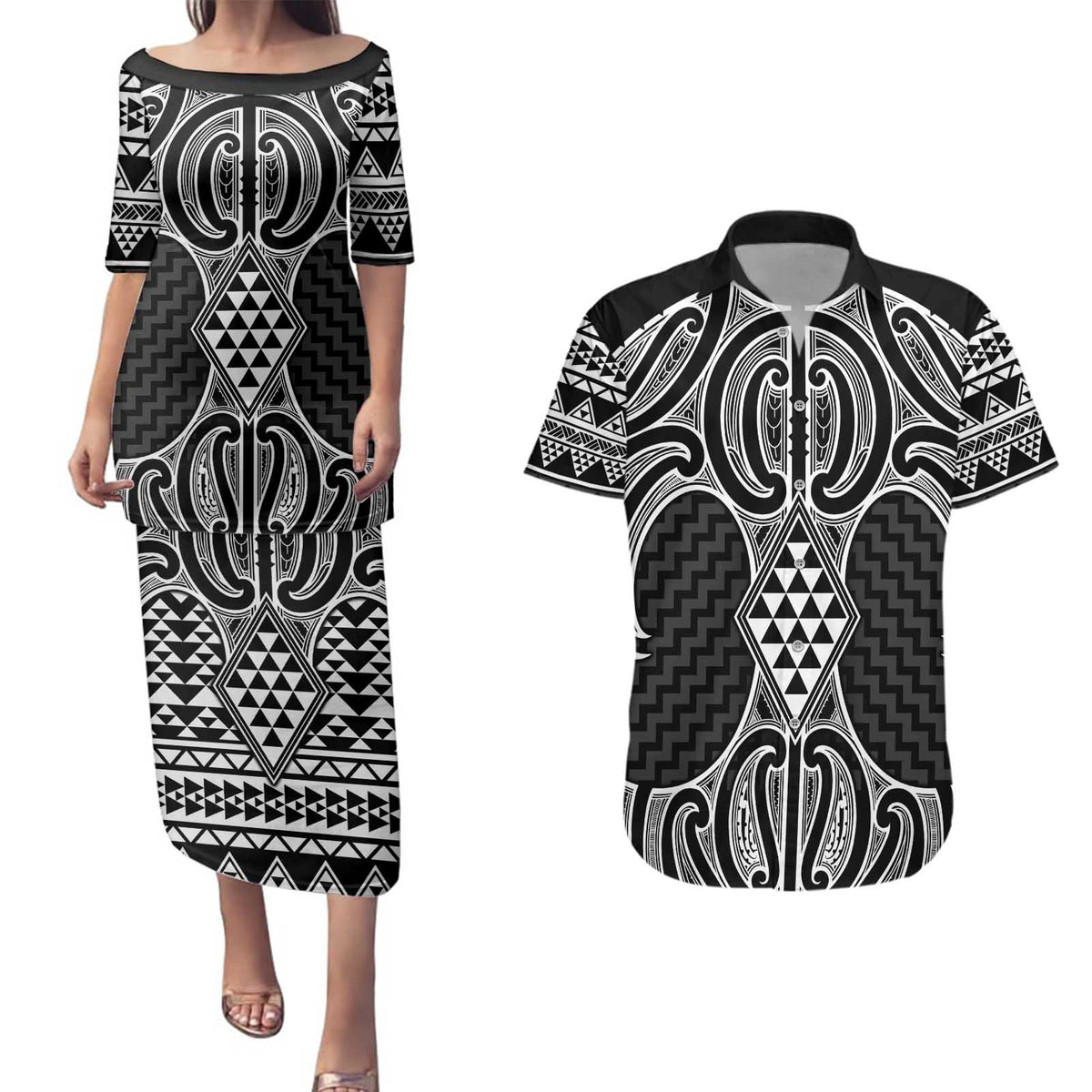 Ma Maori Ta Moko Poutama Art Couples Matching Puletasi and Hawaiian Shirt LT9 White - Polynesian Pride
