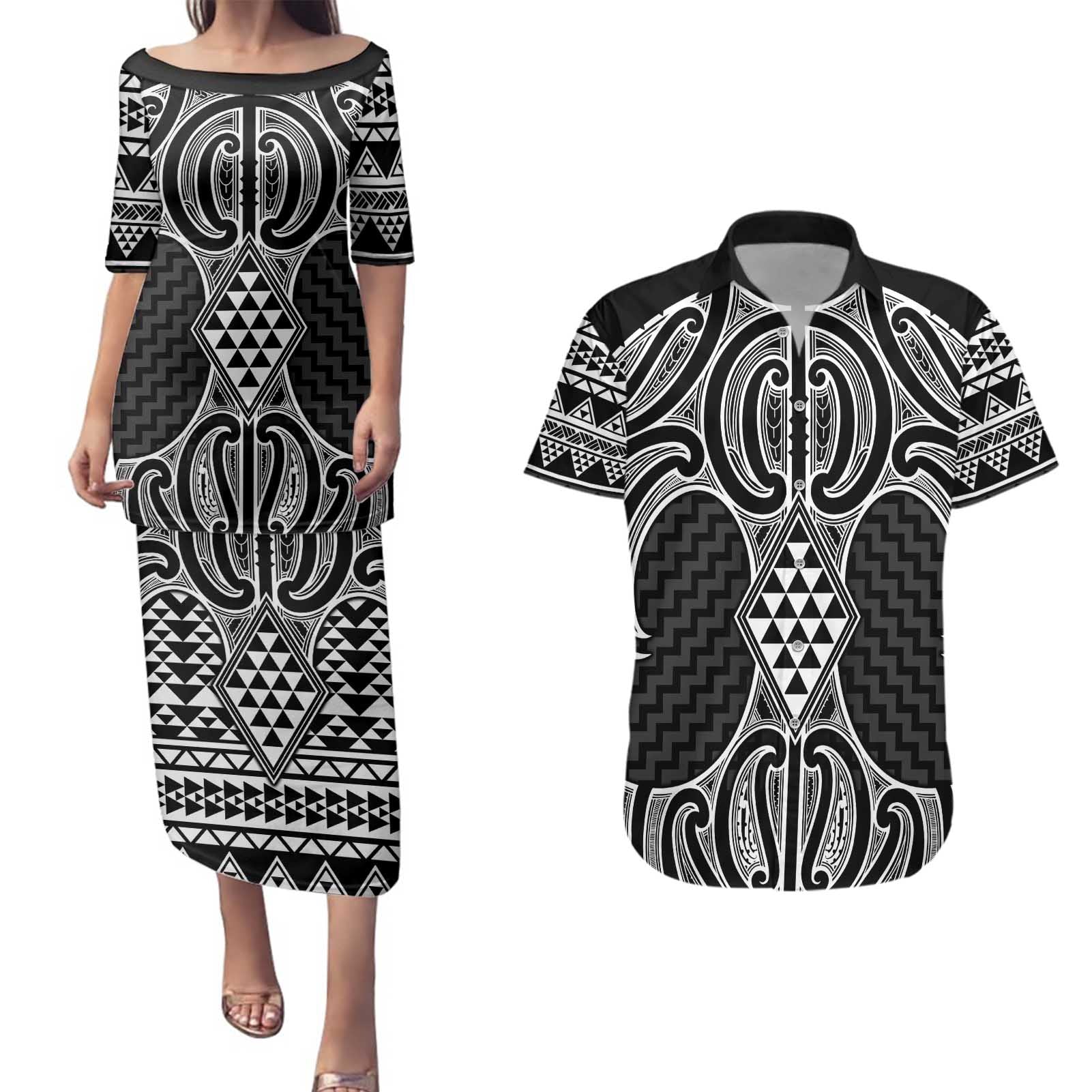 Ma Maori Ta Moko Poutama Art Couples Matching Puletasi and Hawaiian Shirt