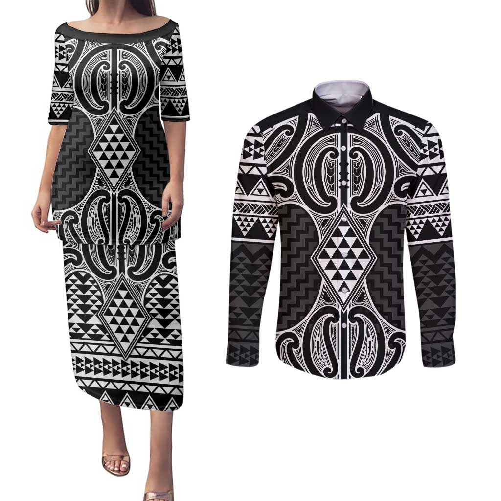 Ma Maori Ta Moko Poutama Art Couples Matching Puletasi and Long Sleeve Button Shirt