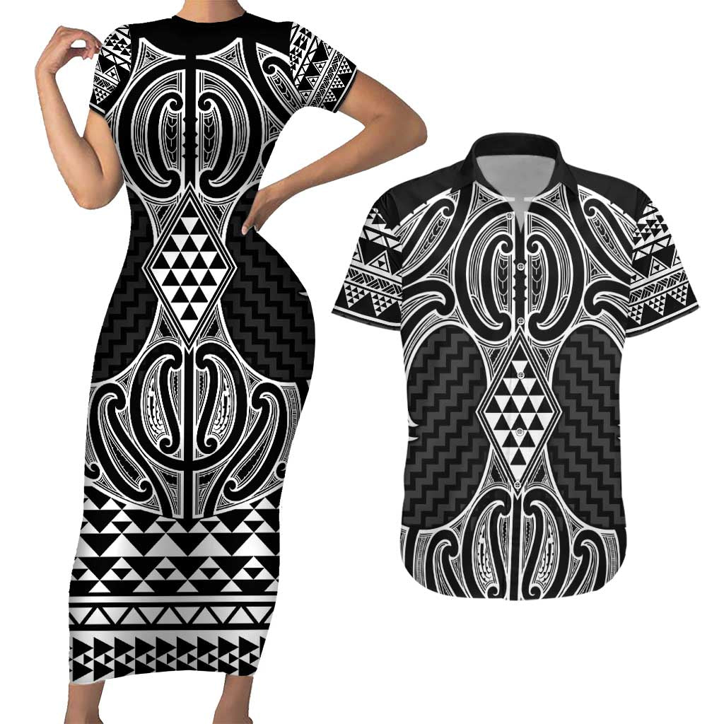 Ma Maori Ta Moko Poutama Art Couples Matching Short Sleeve Bodycon Dress and Hawaiian Shirt