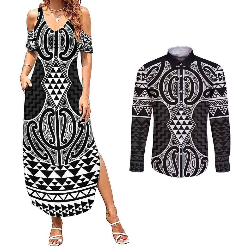 Ma Maori Ta Moko Poutama Art Couples Matching Summer Maxi Dress and Long Sleeve Button Shirt