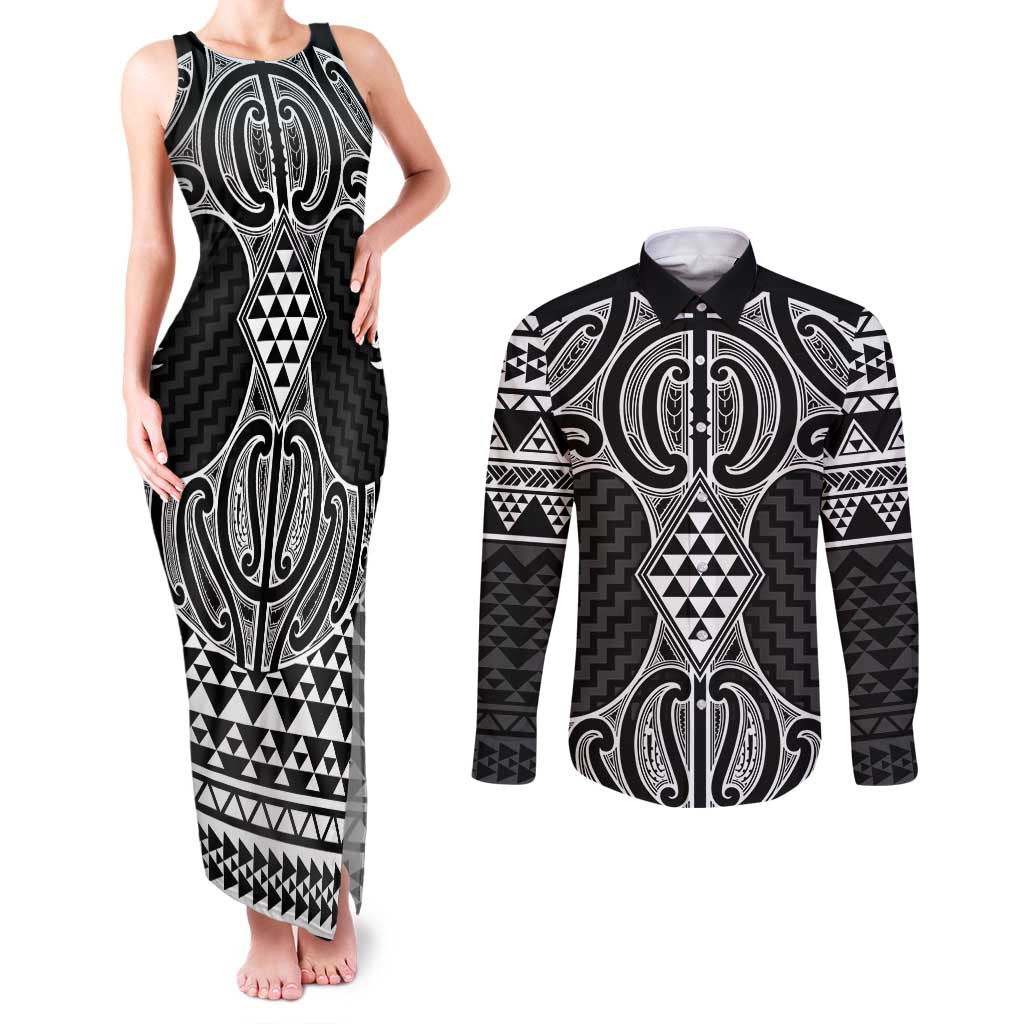 Ma Maori Ta Moko Poutama Art Couples Matching Tank Maxi Dress and Long Sleeve Button Shirt