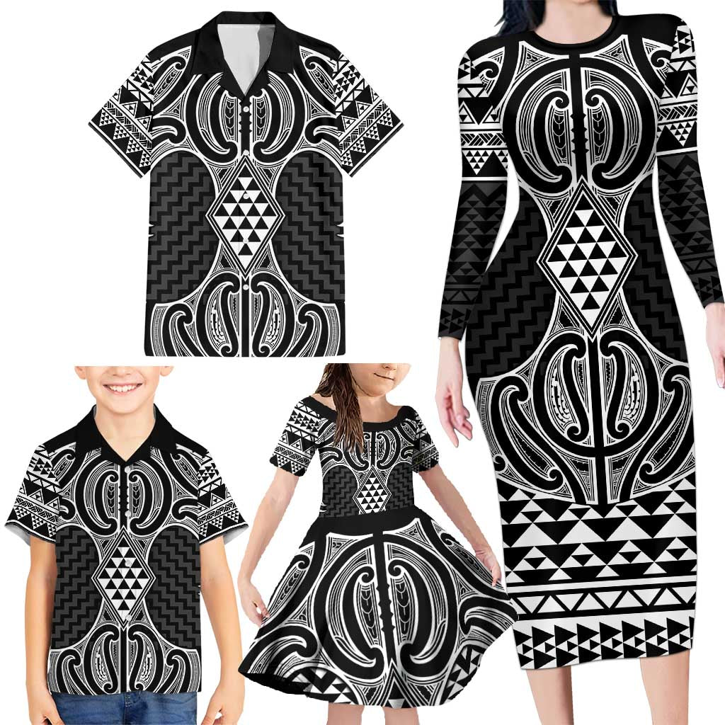 Ma Maori Ta Moko Poutama Art Family Matching Long Sleeve Bodycon Dress and Hawaiian Shirt LT9 - Polynesian Pride