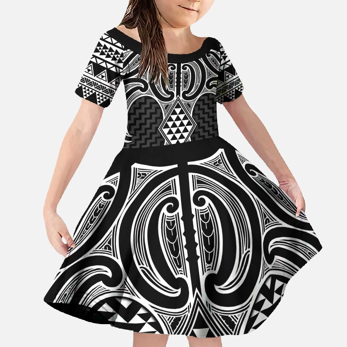 Ma Maori Ta Moko Poutama Art Family Matching Off The Shoulder Long Sleeve Dress and Hawaiian Shirt