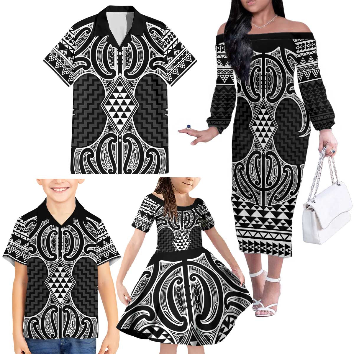 Ma Maori Ta Moko Poutama Art Family Matching Off The Shoulder Long Sleeve Dress and Hawaiian Shirt LT9 - Polynesian Pride