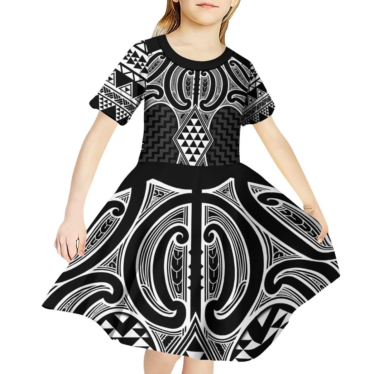 Ma Maori Ta Moko Poutama Art Kid Short Sleeve Dress LT9 - Polynesian Pride