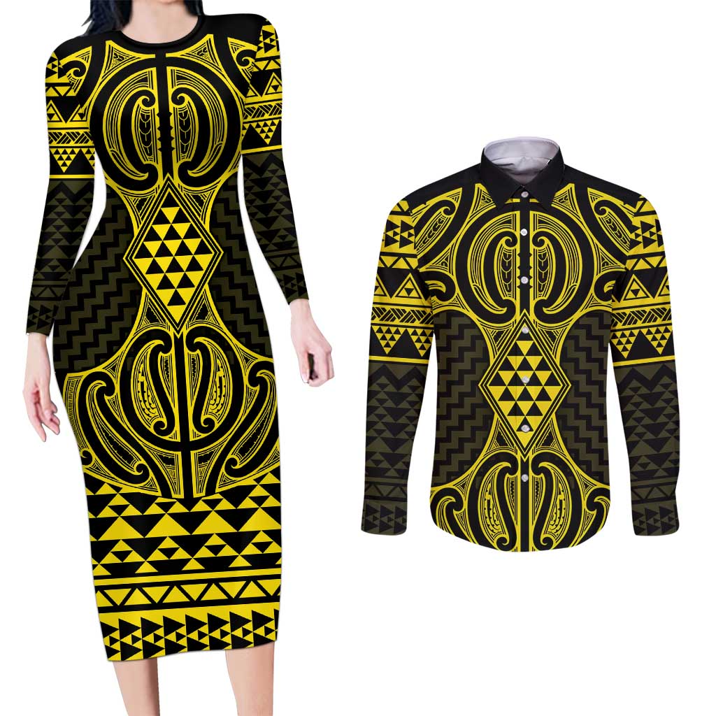 Mahi-dawg Maori Ta Moko Poutama Art Couples Matching Long Sleeve Bodycon Dress and Long Sleeve Button Shirt