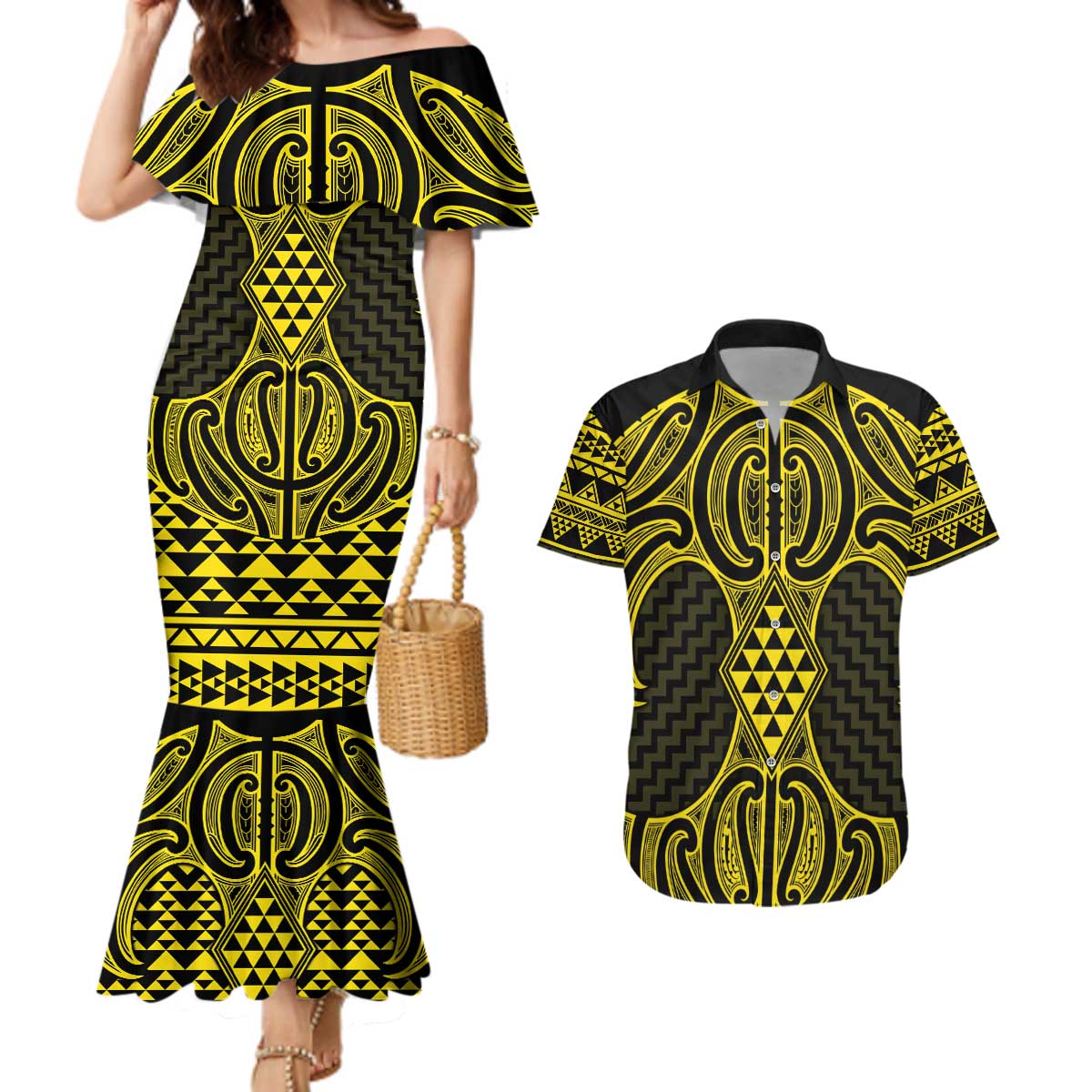 Mahi-dawg Maori Ta Moko Poutama Art Couples Matching Mermaid Dress and Hawaiian Shirt