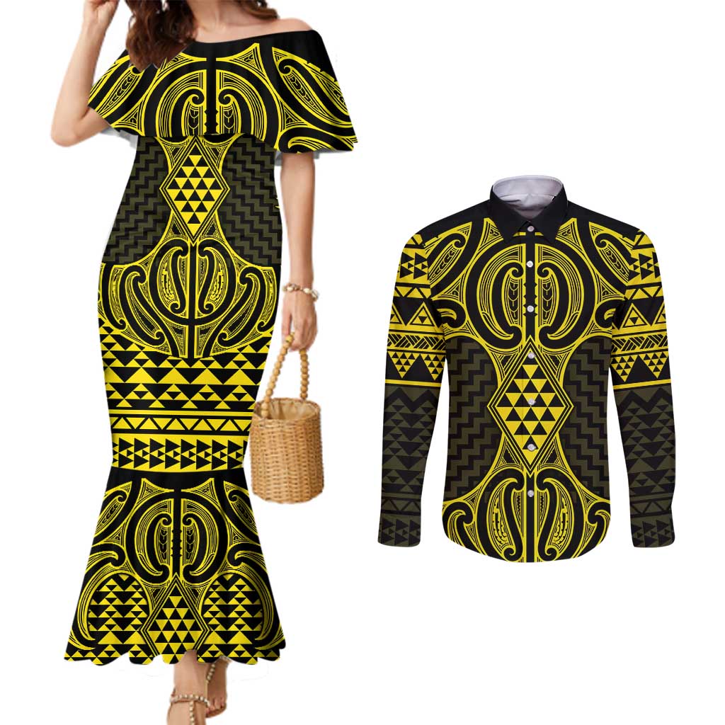 Mahi-dawg Maori Ta Moko Poutama Art Couples Matching Mermaid Dress and Long Sleeve Button Shirt