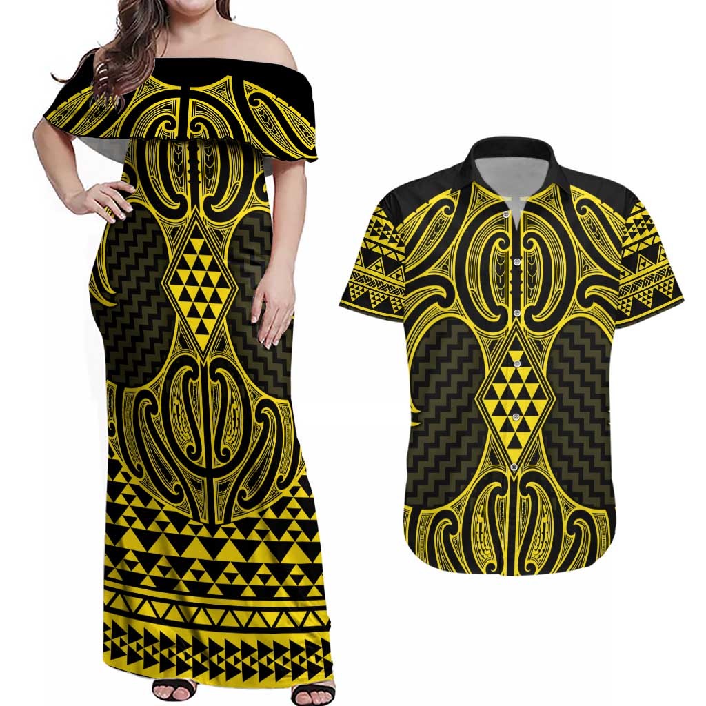 Mahi-dawg Maori Ta Moko Poutama Art Couples Matching Off Shoulder Maxi Dress and Hawaiian Shirt